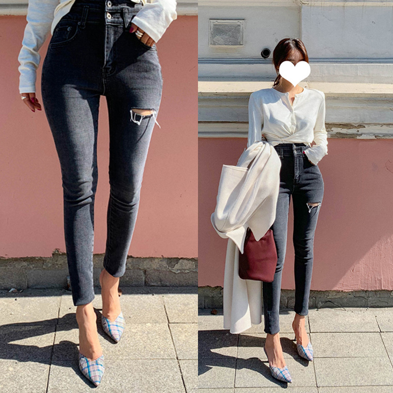 Women Denim Jeans Autumn Fit High Waist Stretched Elastic Femme Fringe Hem Skinny Female Trousers 10395 210518