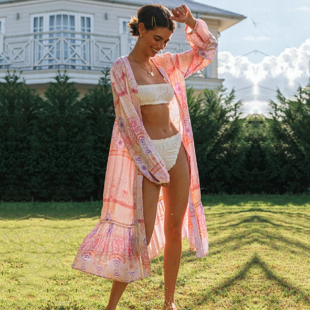 Pink Bikini Cover-ups Boho Floral Print Long Kimono Dress Plus Size Women Summer Beach Wear Swim Suit Cover Up A771 210420