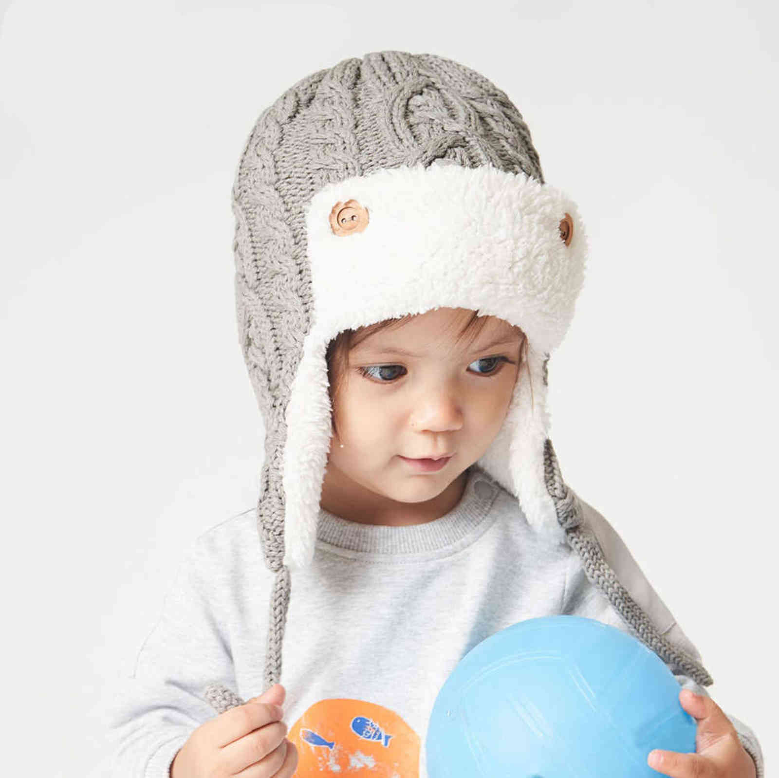 Winter Baby Bomber Hat Cotton Knit Kids Beanie Caps for Boys and Girls with Fleece Lining Children 211126