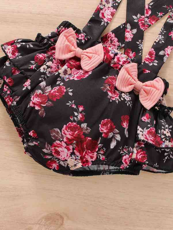 Baby Ruffle Trim Tee & Floral Print Bow Front Crisscross Pinafore Shorts SHE