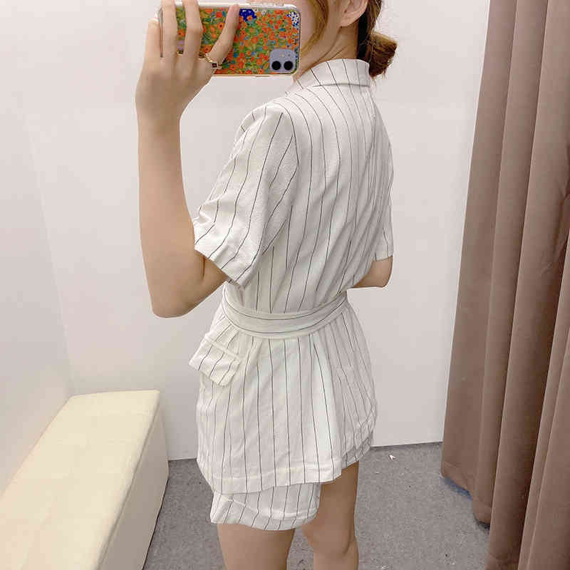 Summer Casual Stripe Blazer Women Notched Neck Short Sleeve Office Suit Jacket Female Single Button Sashes Elegant Coat 210515