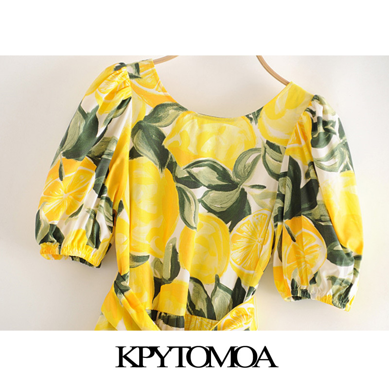 Women Chic Fashion Printed With Belt Mini Dress Backless Puff Sleeves Summer Female Dresses Vestidos Mujer 210420