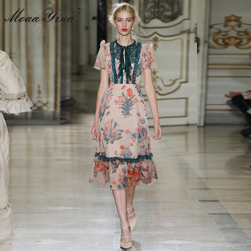 Fashion Runway dress Summer Women's Dress Butterfly Sleeve Lace Floral Print Chiffon Dresses 210524