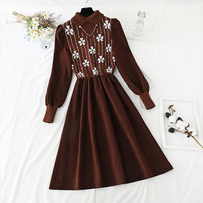Spring Splicing Knitted Women Dress Half high collar Print Long Sleeve Dresses A-line Vintage Black Dress Vestidos 210521