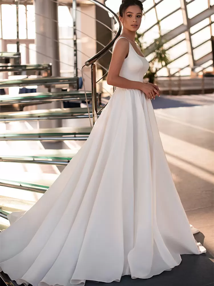 Wedding Simple Dresses Bridal Gown Sweep Train Straps Sleeveless Square Neck Satin Chapel Plus Size Custom Made Vestido De Novia