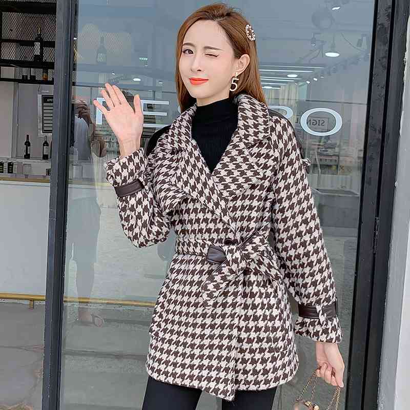 Houndstooth Viintage Wool&blend Coat Women Winter Turn-down Collar Belted Korean Fashion Ladies Outercoat Overcoat Femme 210514