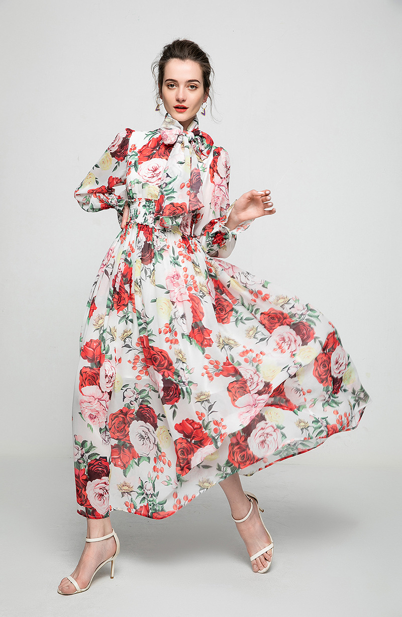 Women's Runway Dresses O Neck Long Sleeves Floral Printed Elastic Waist Fashion Maxi Dress with Scarf