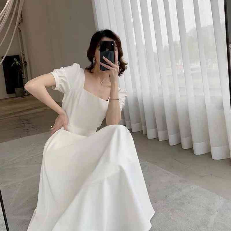 Square Collar Black Casual Dresses for Women Short Sleeve Elegant Midi Dress Dress Korean Office Lady Summer Chic 210521