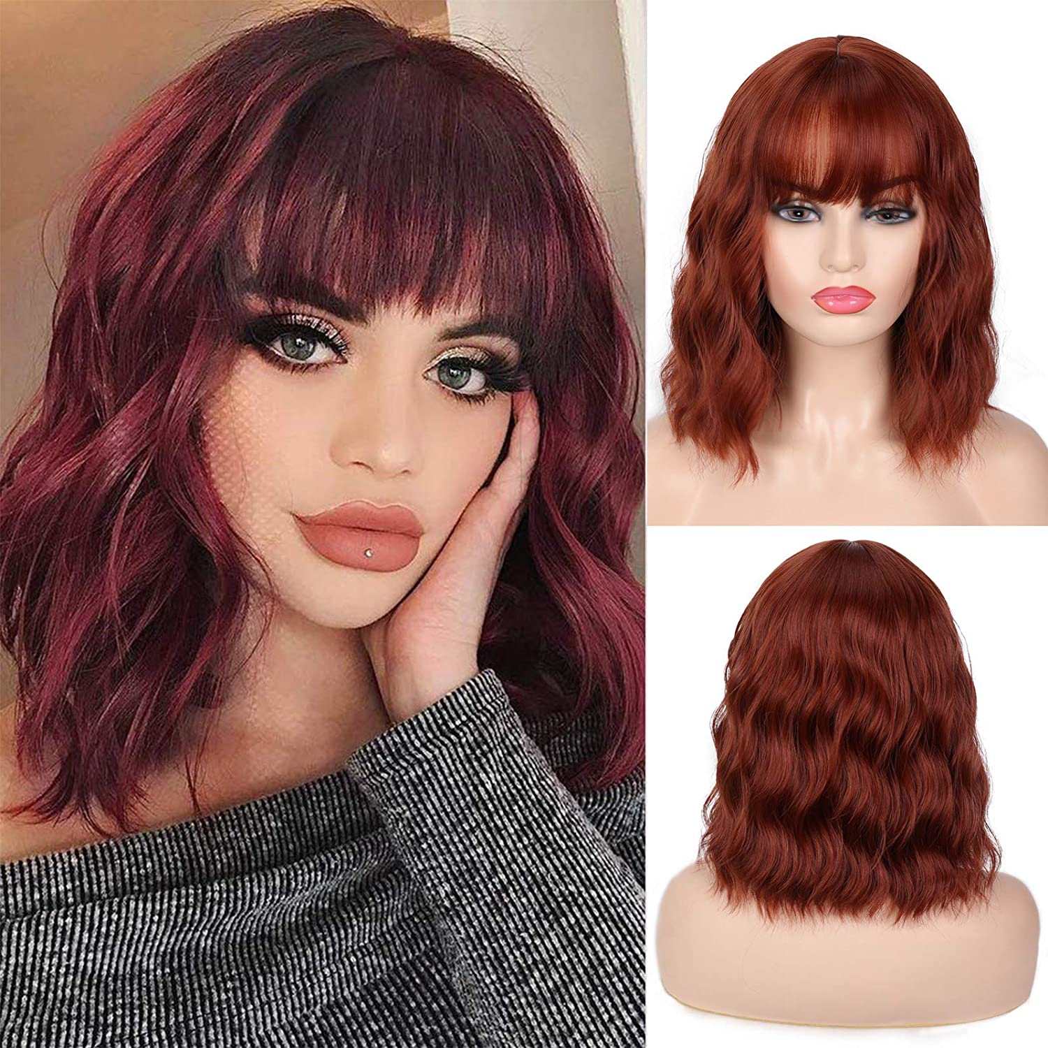 Woemns Short Wave Hair Synthetic Bob Middle Part Wig wiht Bangs Shoulder Length Fashion Wigs for Women Cosplay