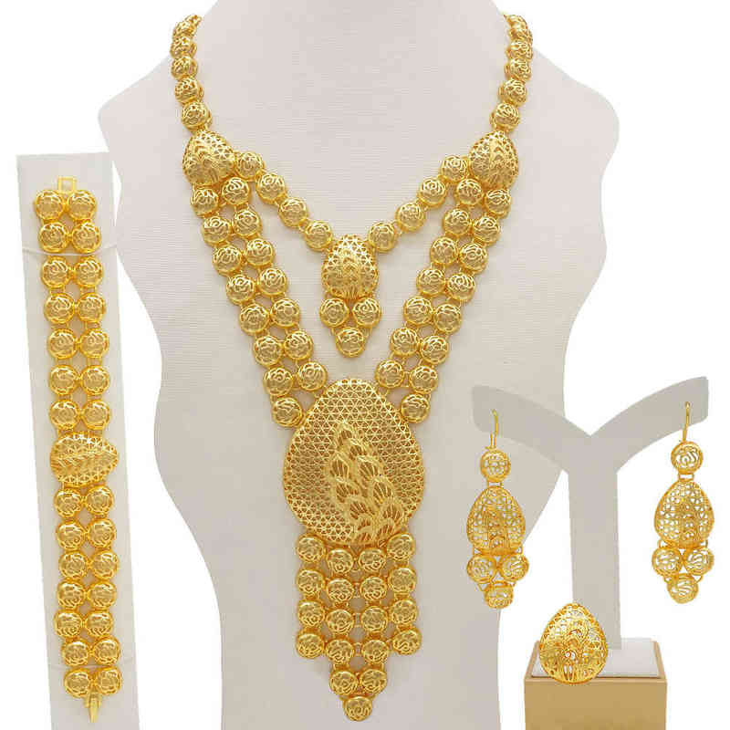 Gold Long Necklace/Earrings/Ring Big Jewelry Set Women Gold Color Arab Jewelry Wedding Accessories 211204