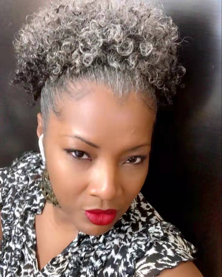 Pepper and salt Grey kinky ponytail pixie cut natural blow out,gray hair buns 4c afro puff ponytail hairpiece 120g