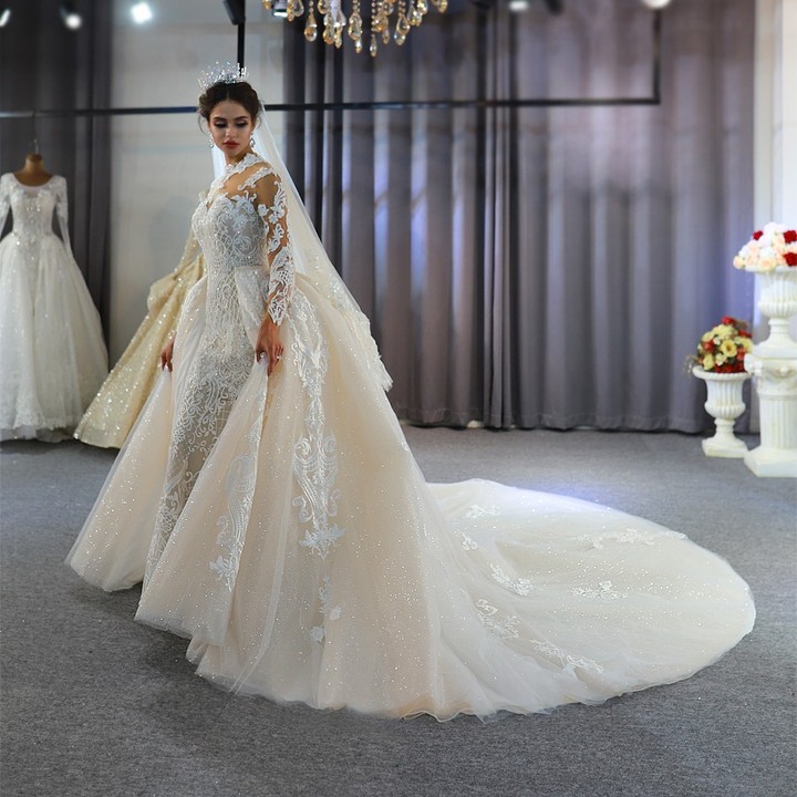 Elegant Mermaid Wedding Dress With Overskirts Dresses Illusion High Neck Long Sleeve Bridal Gowns De Soiree Turkish Couture Beads Custom Made