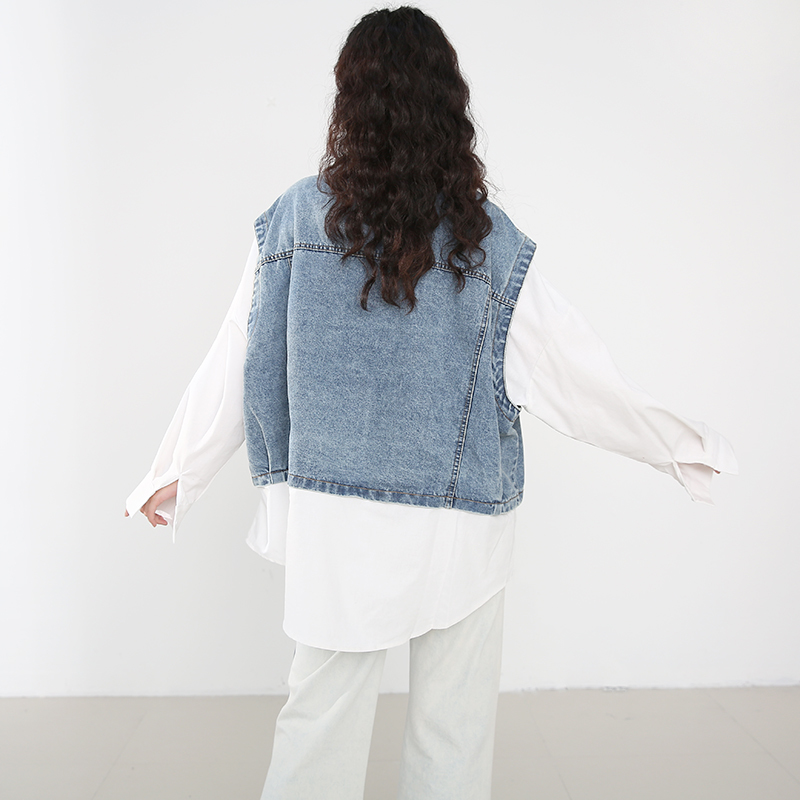 [EAM] Women White Irregular Denim Big Size Blouse Lapel Long Sleeve Loose Fit Shirt Fashion Spring Summer 1X25500 210512