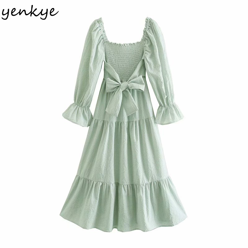 Fashion Women Elegant Party Dress Vintage Solid Sexy Square Neck Long Sleeve Sashes A-line Midi Summer Robe Femme 210430