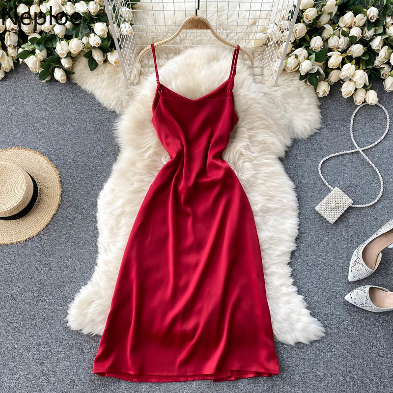 Neploe Ladies Dress Summer Temperament Fold Slim Suspender Dresses Solid Color Slim Fit High Waist Robe Fashion Split Vestidos 210422