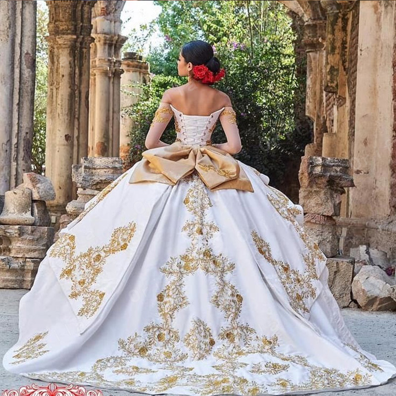Charro Mexican Quinceanera Prom Dresses 2021 Off Shoulder long sleeve gold ruffles edge sweety 15 Misquinceanos Party Gowns