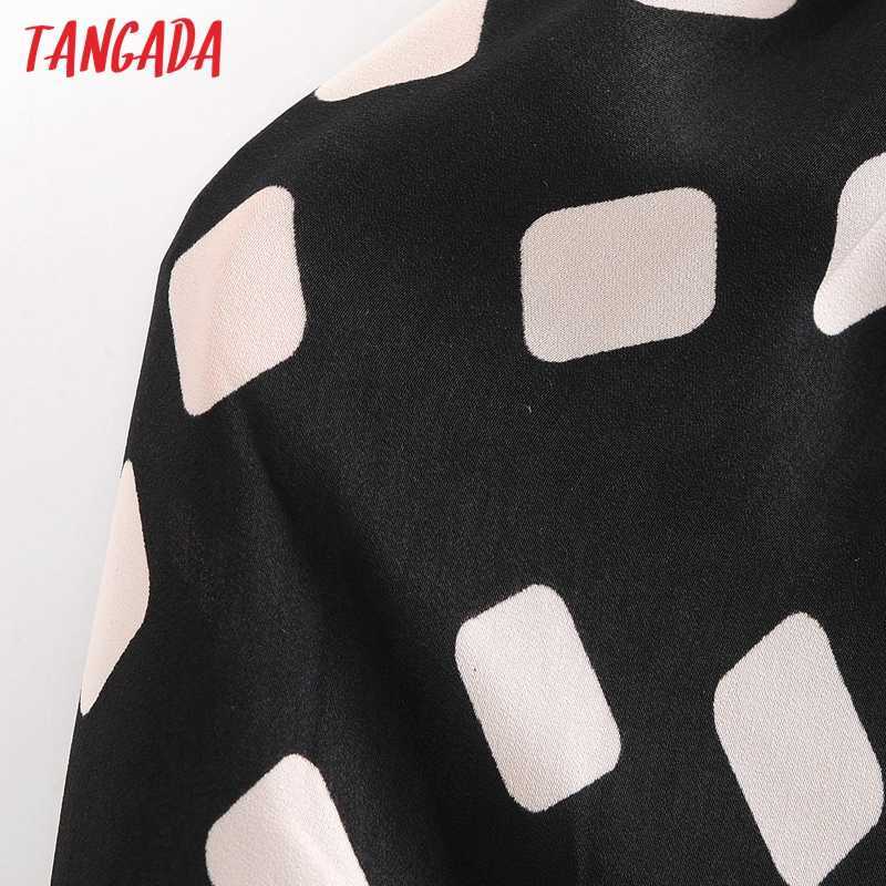 Tangada Spring Fashion Women Geometry Print Bow Tie Shirt Dress Long Sleeve Office Ladies Midi Dress With Slash 3A61 210630