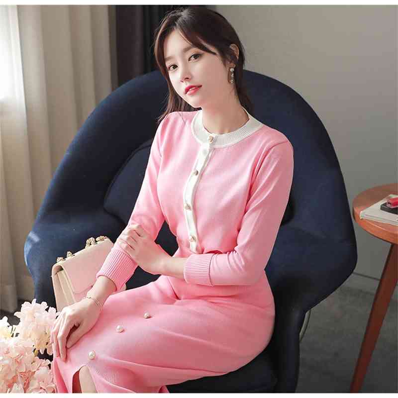 Spring Autumn Sweater Two Piece Set Fashion Women Black white Hit color Knitted Cardigan Coat+Single Breasted Midi Pencil Skirt 210519