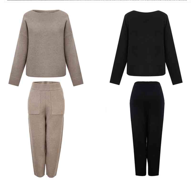 Autumn Women Suit Warm Cashmere Sport Sweater Two Piece Knitted Set Casual Tracksuit Elegant Jogger Sweatsuit 210428