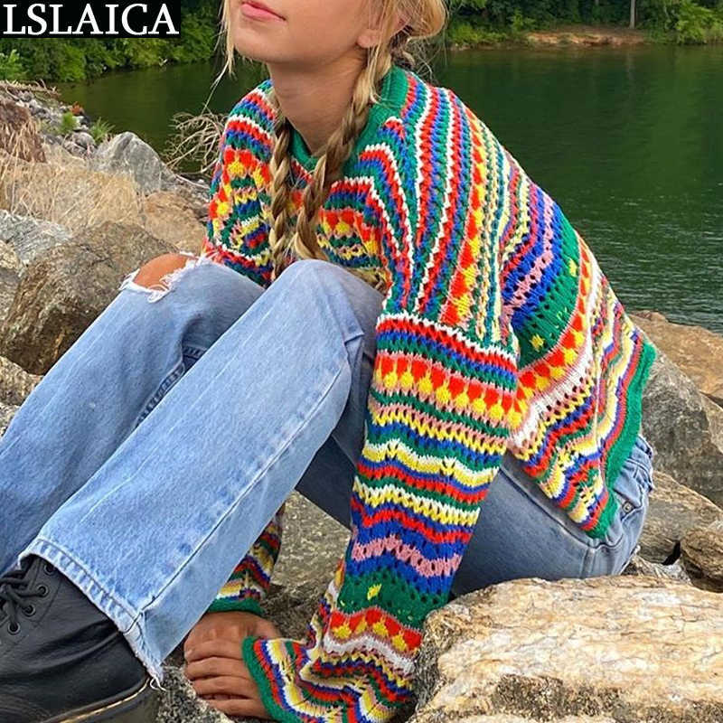 Sweater Women Long Sleeve Colorful Stripes Stitching O-Neck Casual Sweaters For Knit Fashion Autumn Winter Loose 211018