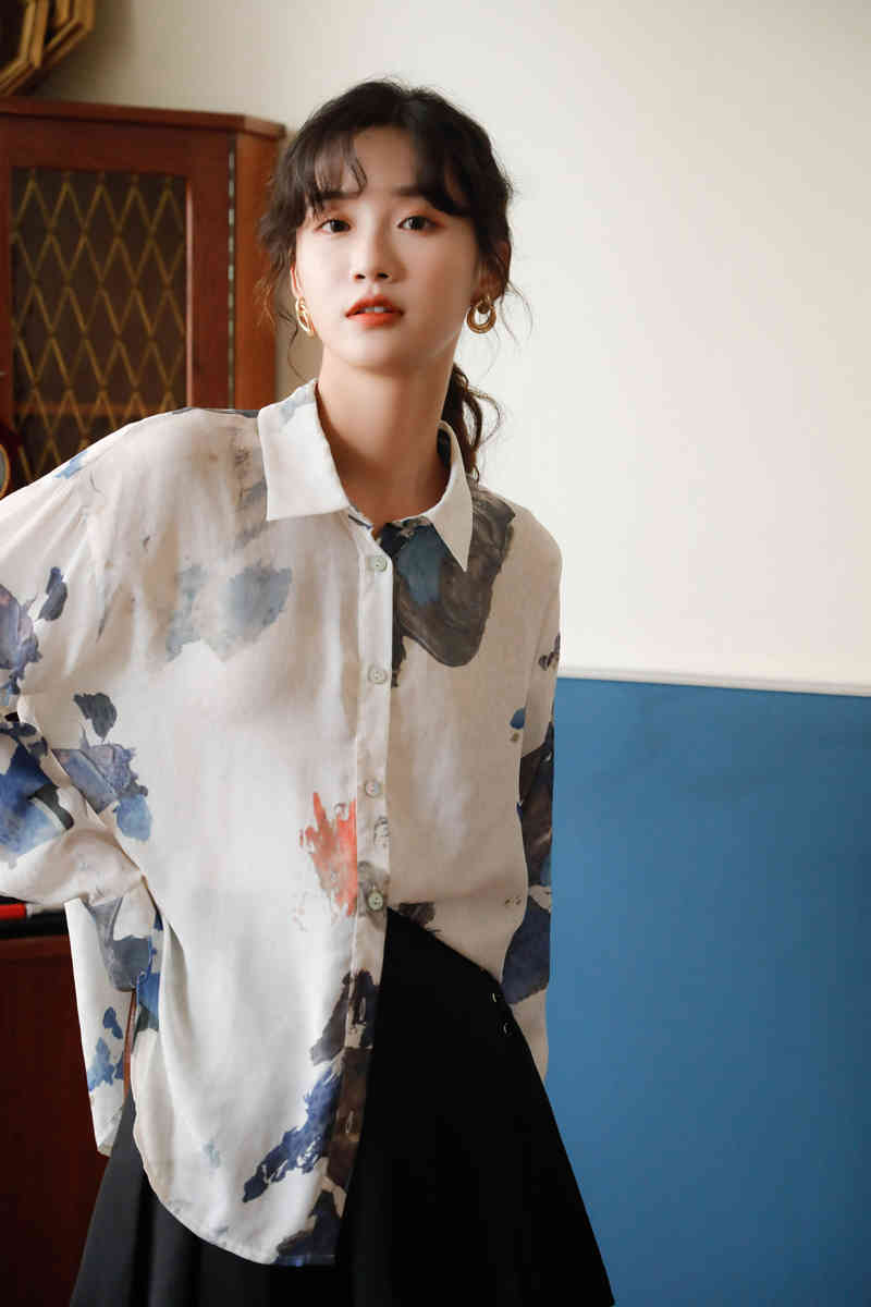 Mountains And Rivers Print Long Sleeve Blouse Women White See Through Collar Shirt Casual Korean Fashion Clothing 210427
