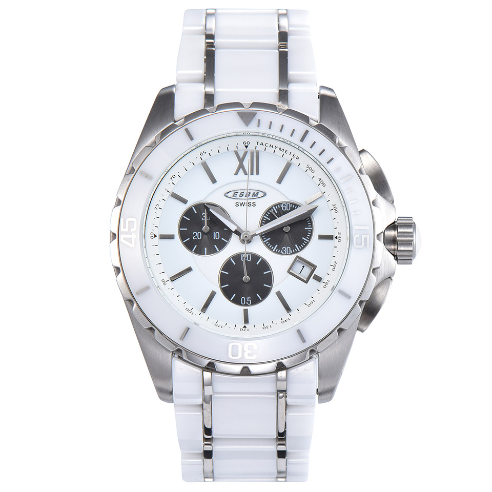 New Men Quartz Watch White Ceramic Two-tone Stainless Steel Back Dial Silver Hands chronograph, Black
New Men Quartz Watch White Ceramic Two-tone Stainless Steel Back Dial Silver Hands chronograph, Black