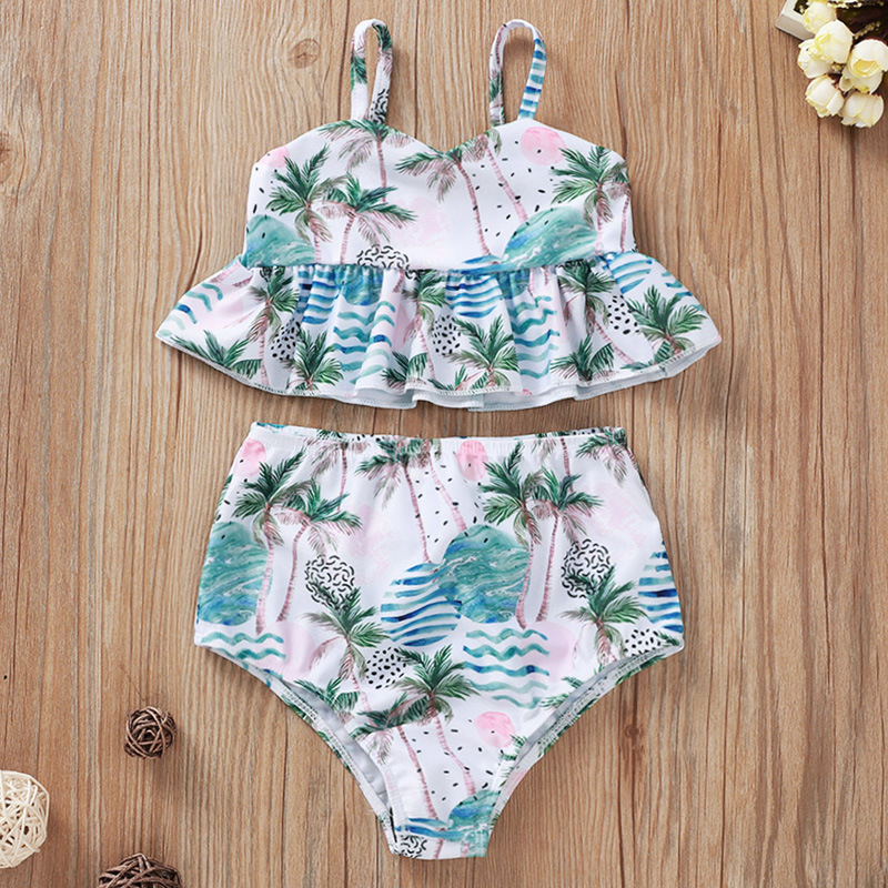Summer Baby Girls Clothes Swim Fashion Girl Two-Pieces Halter With Coconut Flower Print Pantsuit Bathing Suit Kids Clothing
