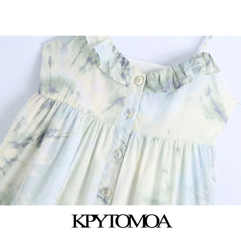 Women Chic Fashion With Ruffles Tie-dye Print Mini Dress Backless Thin Straps Female Dresses Vestidos 210420