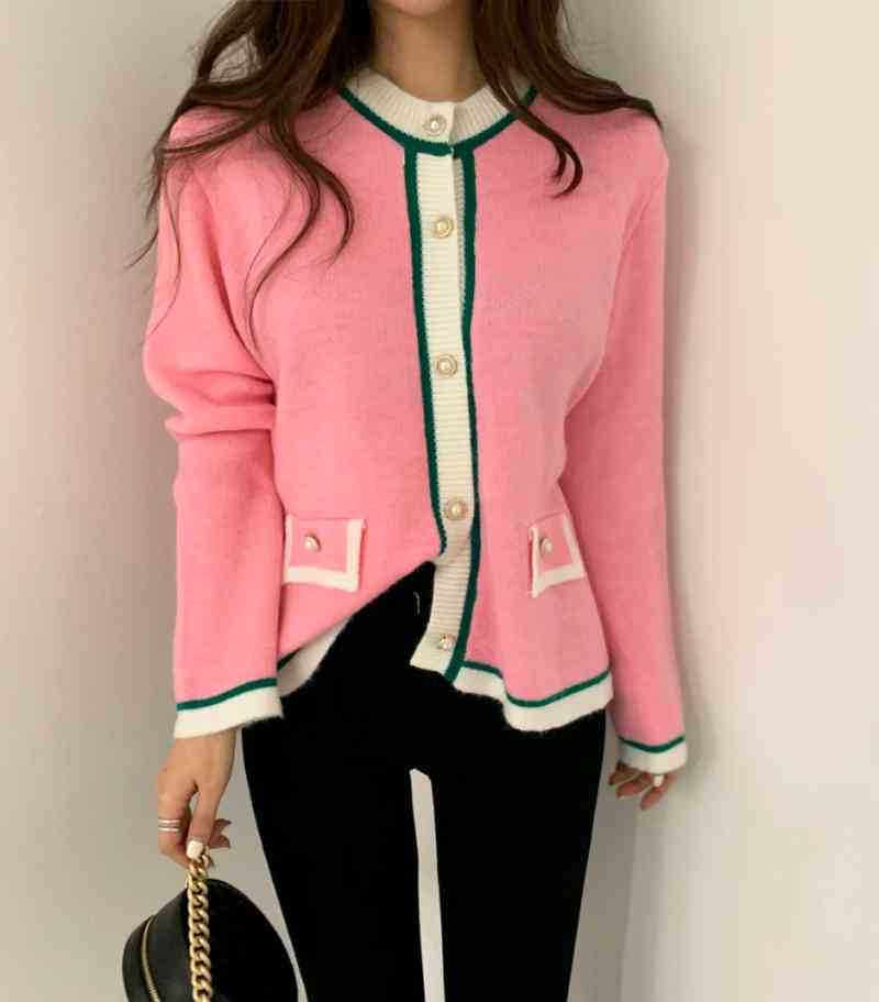 MATAKAWA Fashion Loose Temperament Contrast Women's Sweater Autumn Winter Korean Round Neck Knitted Cardigan Coat 210513