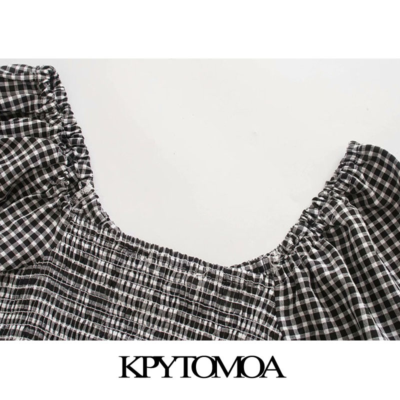 Women Sweet Fashion Ruffled Elastic Smocked Plaid Midi Dress Short Sleeves Waist Female Dresses 210420