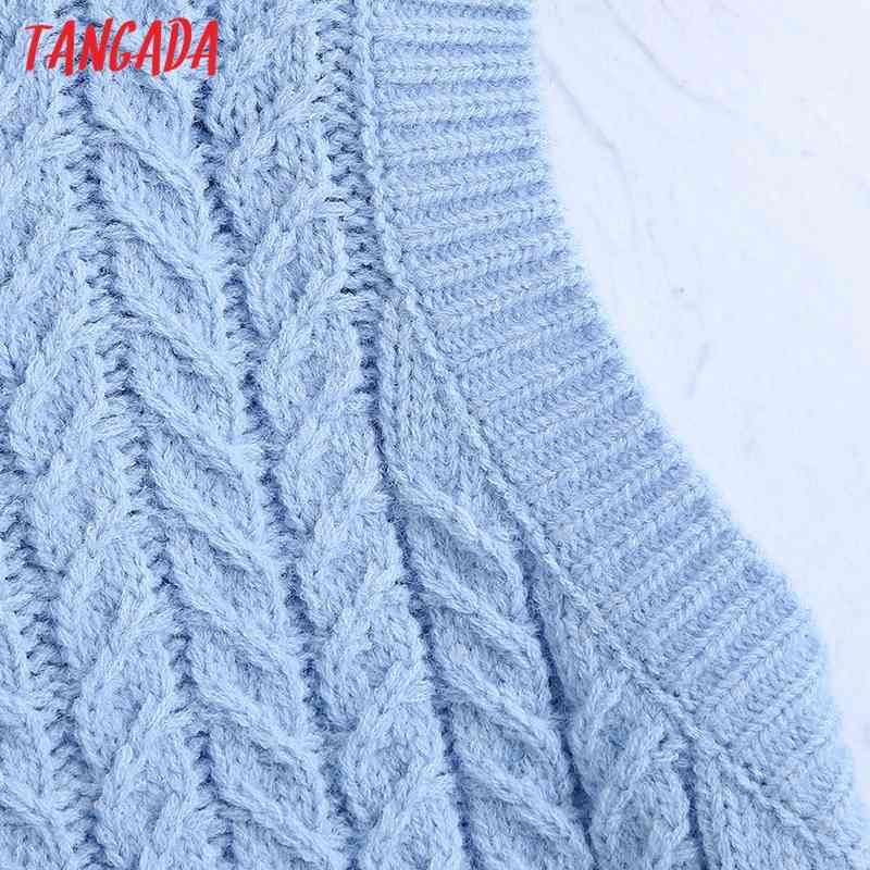 Women Fashion Blue Twist Crop Knitted Vest Sweater Vintage O Neck Sleeveless Female Waistcoat Chic Tops BE464 210416