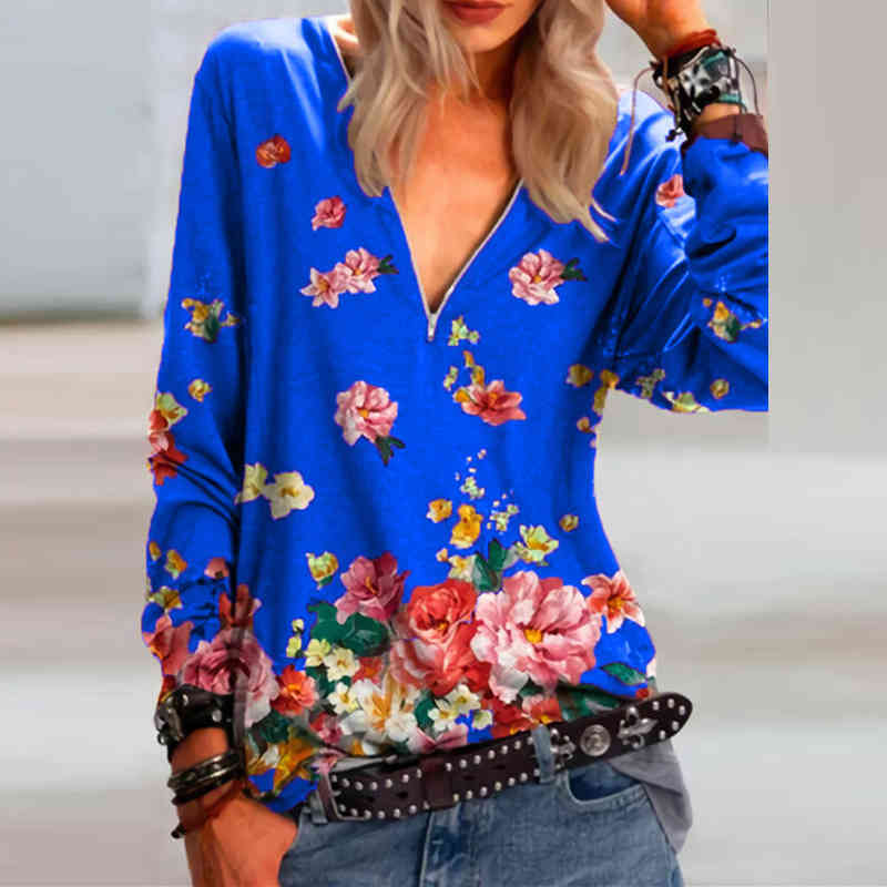 Women T-shirts Sweatshirts Spring Vintage Long Sleeve Shirt Woman Floral Print V Neck Pullover Ladies Casual Shirts Female Tops 210515