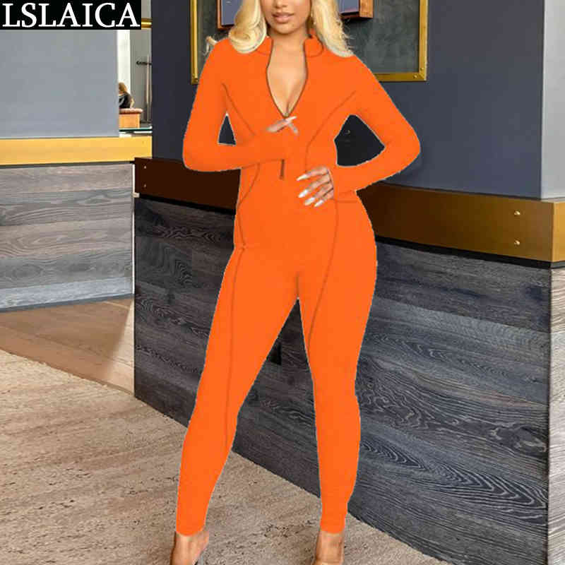Sexy Club Outfits for Women Clubwear Solid Long Sleeve V Neck Overalls Zipper Slim Fashion Knitted Jumpsuites 210520