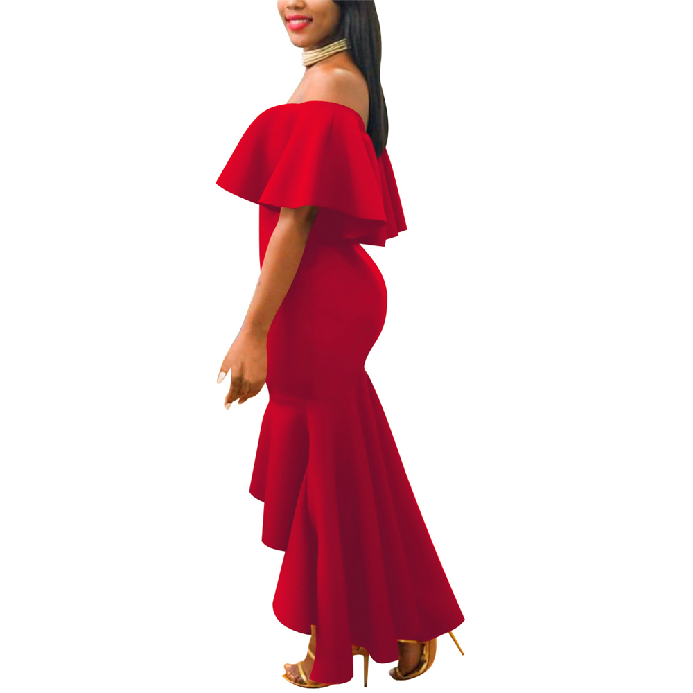 Women Party Mermaid Midi Dress Elegant Back Ruffles Sexy Off Shoulder Gown Party Dress 210331Z