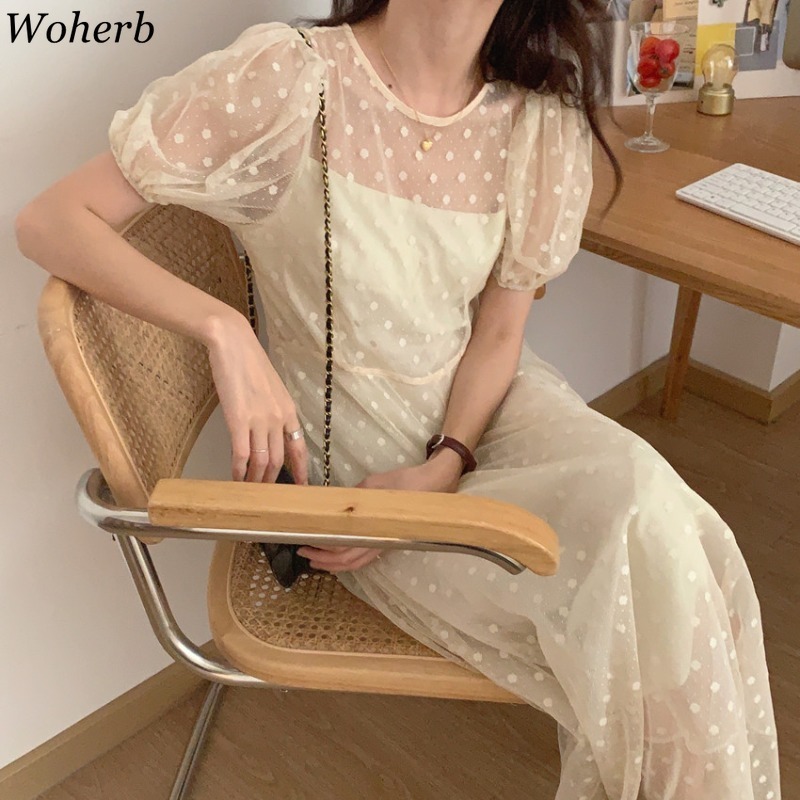 Vintage Dress Women O Neck Polka Dot Gauze Puff Sleeve Vestidos Temperament Slim Black Maxi Dresses Summer Elegant Robe 210519
