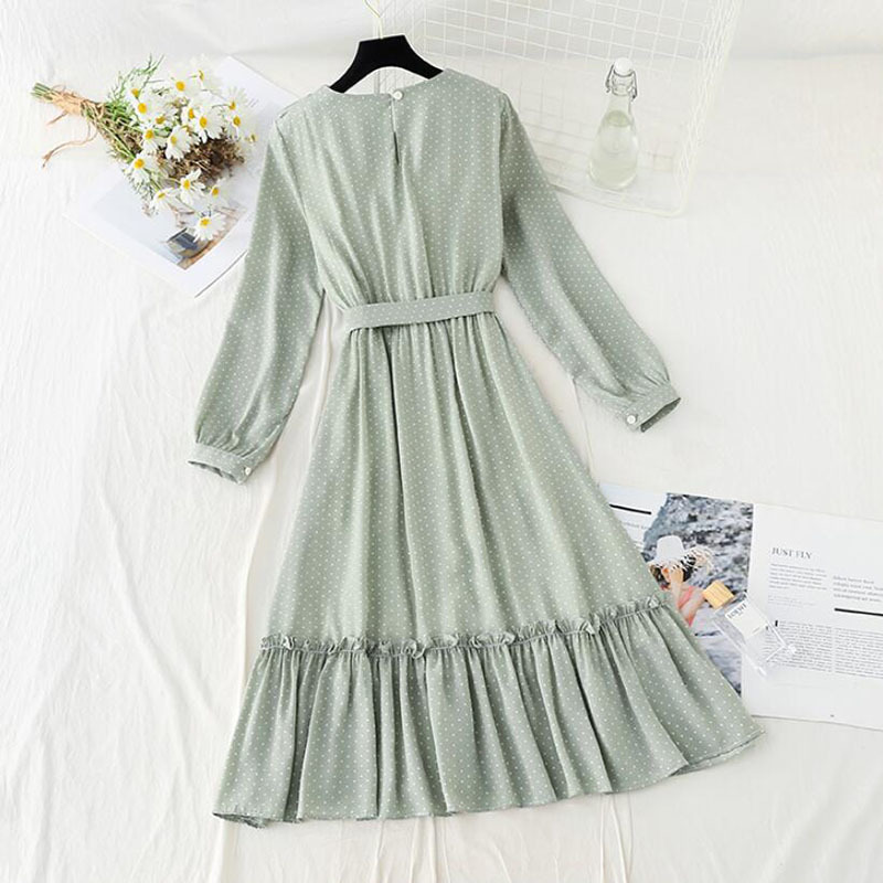 Vintage Polka Dot Print Dress Women Elegant Ruffle Chiffon Party Dress Long Sleeve O Neck Midi Dress Spring Summer Dresses 210521