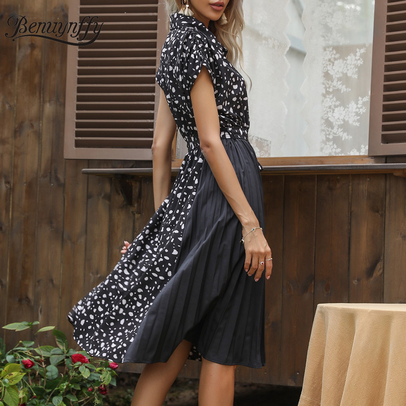 Turndown Collar Half Button Shirt Dress With Belt Summer Short Sleeve OL Casual Women Contrast Print A-line 210510
