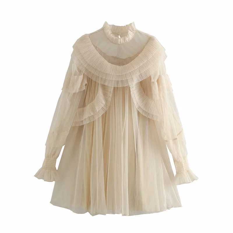 ZA Elegant Petal Collar Loose Dress Women Long Sleeve Lace Voile Mesh Dresses Two Piece Mini Skirt With Sling 210602
