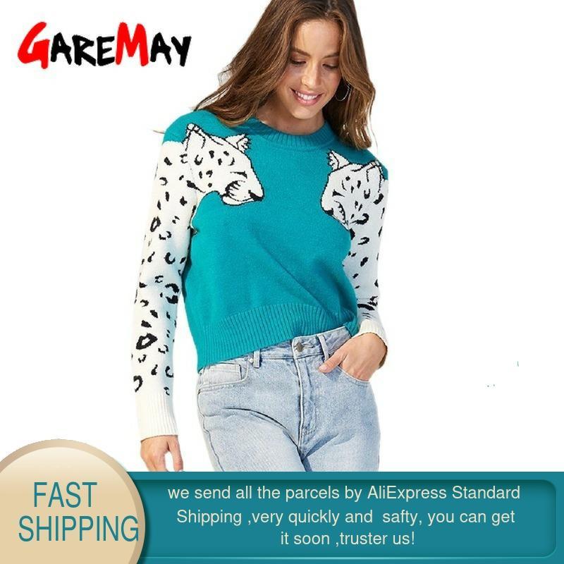 Women Animal Knitted Sweater Casual O Neck Long Sleeve Pullovers Autumn Basic Pull Femme Knitting s Jumpers 210428