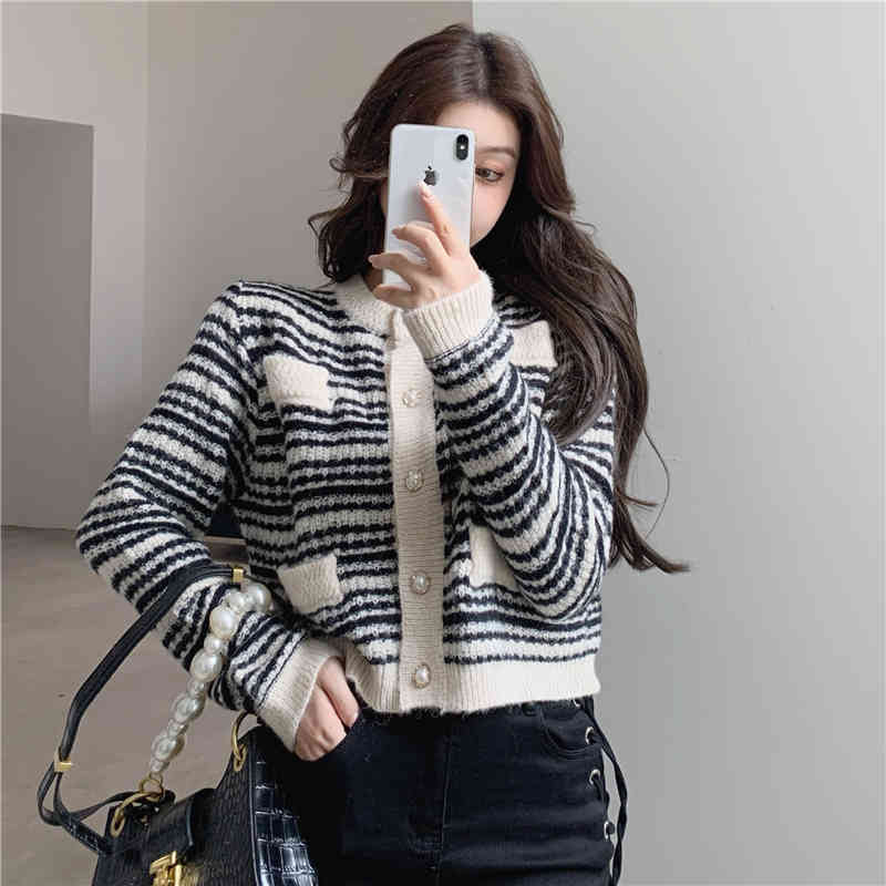 2 Colors Autumn winter korean style stripe vintage soft knittd cardigans womens button sweaters cardigans womans (R99464) 210423