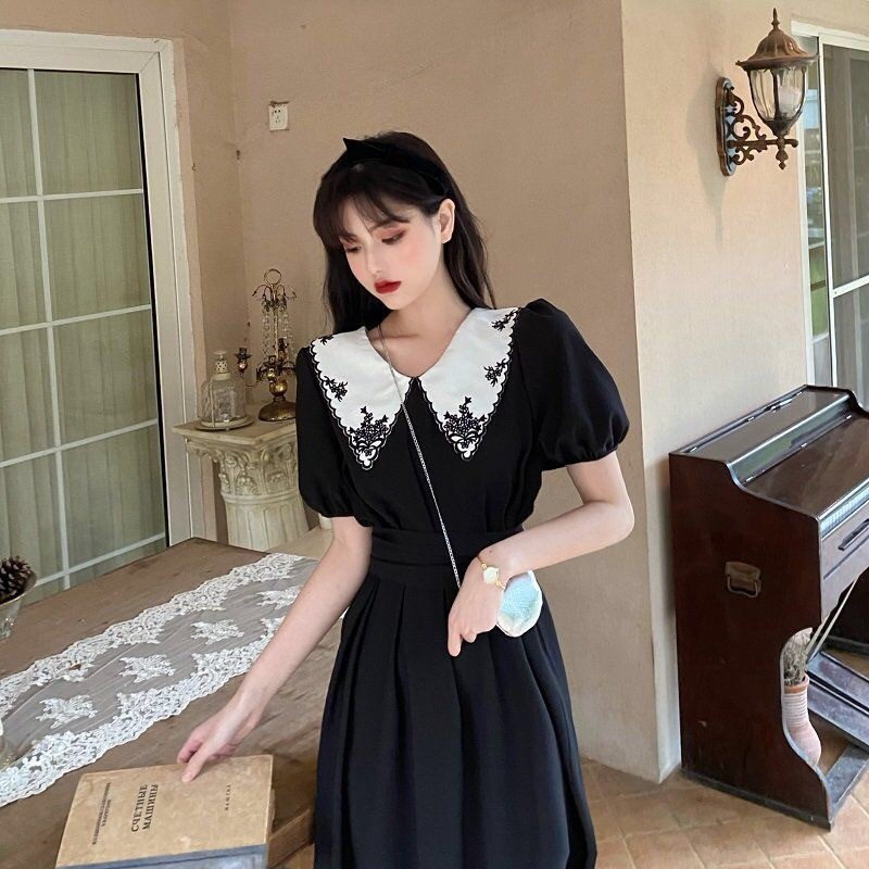vintage plus size 4XL peter pan collar high waist puff sleeve dress women summer embroidery floral A-line big 210421