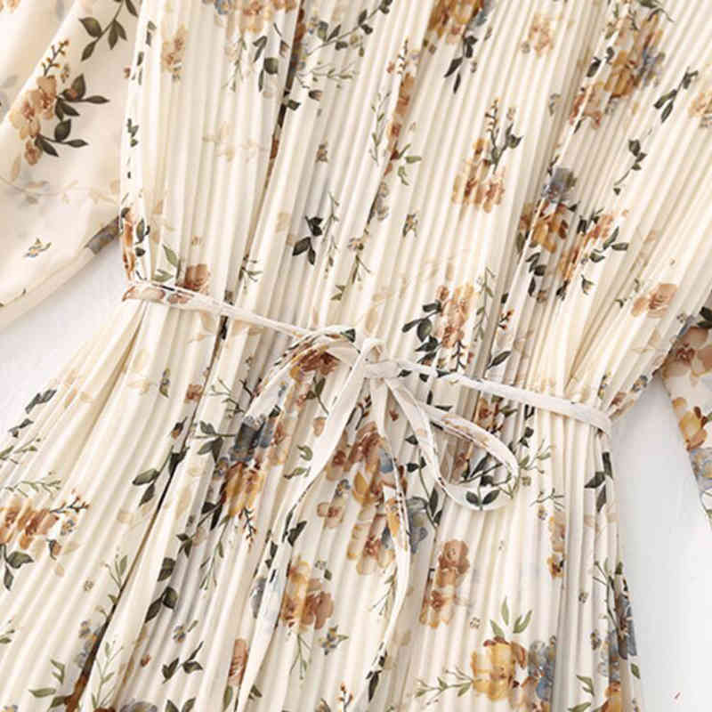 Vintage Long Sleeve Women Dress Spring Summer Floral Print Chiffon Pleated Dress Ruffled Long Dresses Plus Size Vestidos 210521