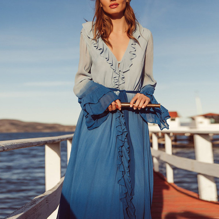 Women Dress Patchwork Chiffon Ruffles Long Sleeve High Waist Blue Vintage es Plus Size Bohemian Beach es 210524