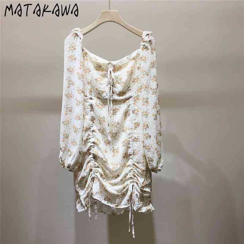 MATAKAWA Long-sleeved Slim-fitting Bodycon Dress Romantic Summer Robe Drawstring Ruffled Dresses Square Neck Floral Vestidos 210513