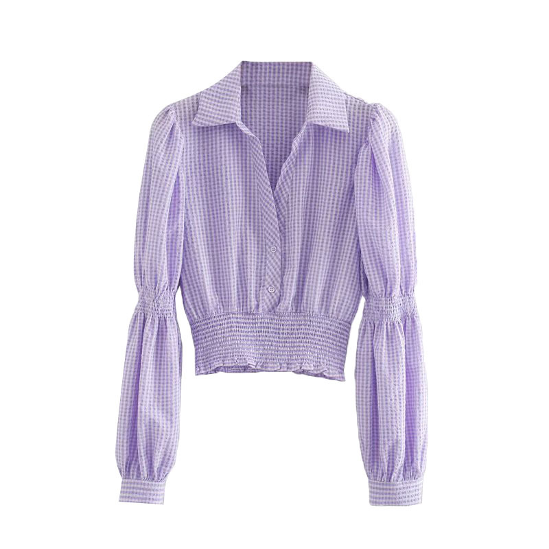 Women Fashion Elastic Smocked Plaid Cropped Blouses Vintage Lapel Collar Long Sleeve Female Shirts Chic Tops 210521, As picture
Women Fashion Elastic Smocked Plaid Cropped Blouses Vintage Lapel Collar Long Sleeve Female Shirts Chic Tops 210521, As picture