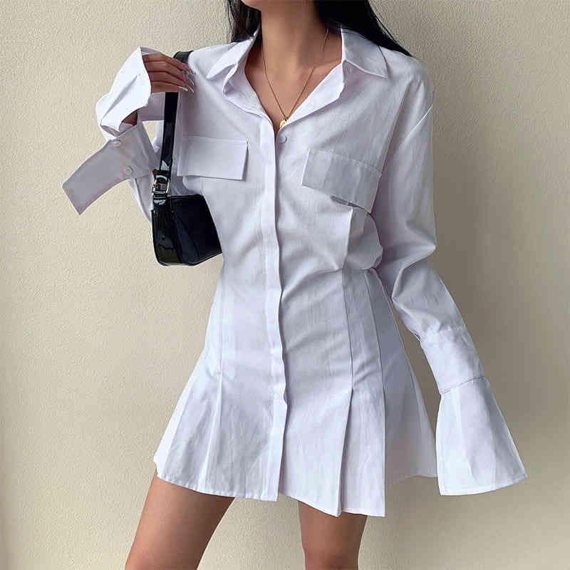 Summer Shirts Dress for Women Clothing Sexy Single Breasted Solid Color Mini Plus Size Female Derss Robe Femme 13854 210508