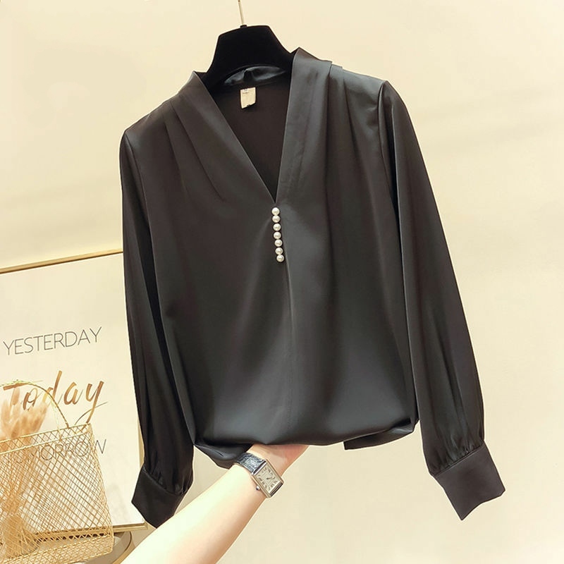 Womens Spring Autumn Style Chiffon Blouses Shirt Womens Rivet Beads Long Sleeve Solid Color Korean Elegant Tops DD9057 210401