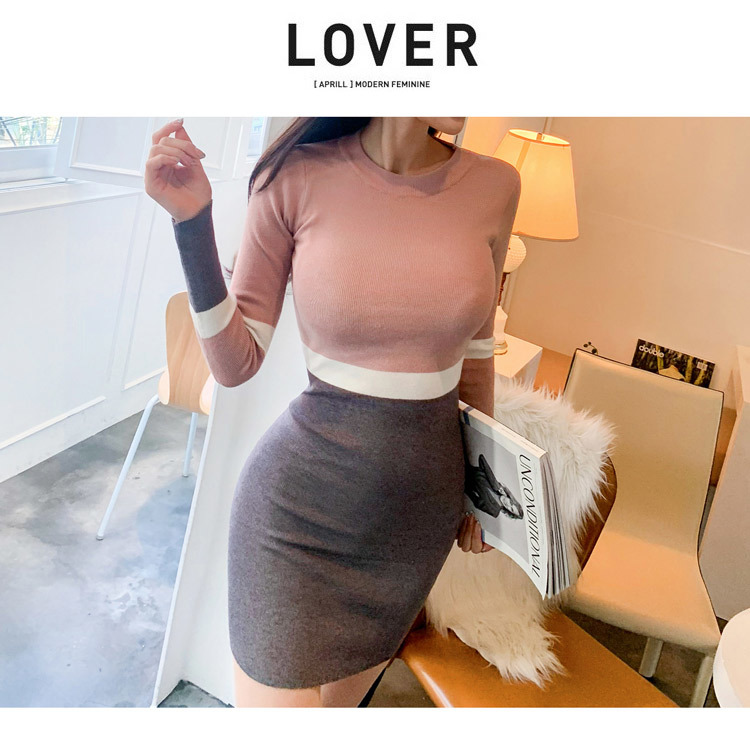 Autumn woman's sexy sweater dress women above knee Long sleeve Hit color knit sheath Mini female 210519