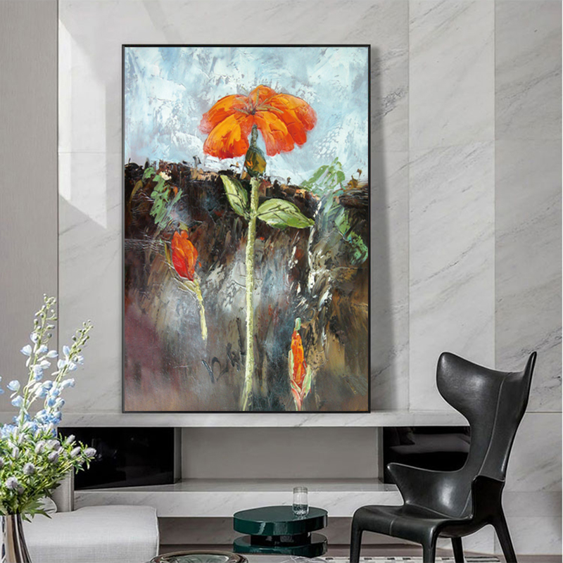Red Flower Oil Painting Printed on Canvas Prints Landscape Wall Art Pictures for Living Room Home Decor Golden Indoor Decoration