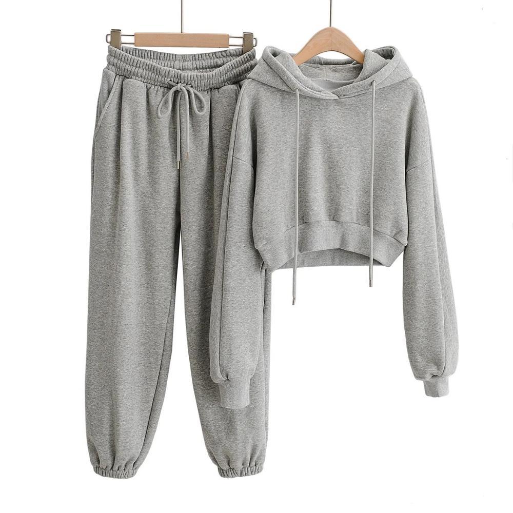2 Pieces Set Harajuku Long Sleeve Hoodies Fleece Cropped Hooded Sweatshirt Elastic Waist Sport Pants Women Sweats 210429